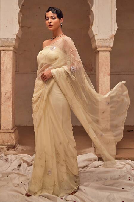 Shop_Geroo Jaipur_Off White Chiffon Embroidery, Sequins, Pearls Round Neck Hand Saree Set _Online_at_Aza_Fashions