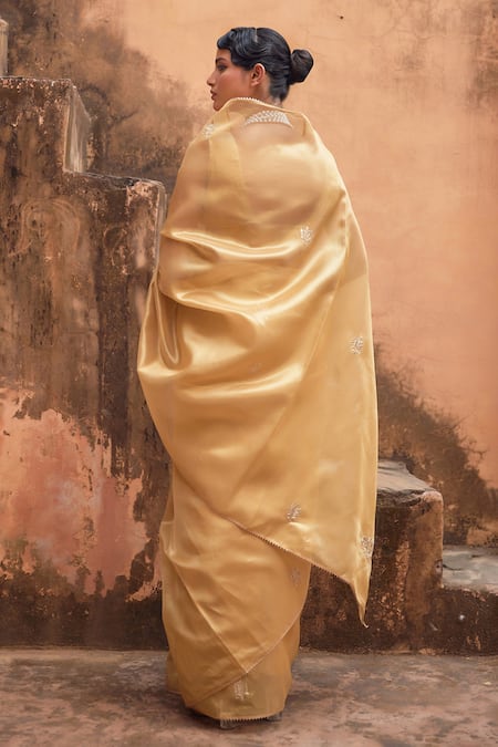 Shop Geroo Jaipur Gold Tissue Gota Patti, Embroidery Round Neck Saree Set at Aza Fashions Shop_Geroo Jaipur_Gold Tissue Gota Patti, Embroidery Round Neck Saree Set _at_Aza_Fashions