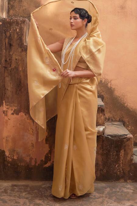 Shop Geroo Jaipur Gold Tissue Gota Patti, Embroidery Round Neck Saree Set Online at Aza Fashions Shop_Geroo Jaipur_Gold Tissue Gota Patti, Embroidery Round Neck Saree Set _Online_at_Aza_Fashions