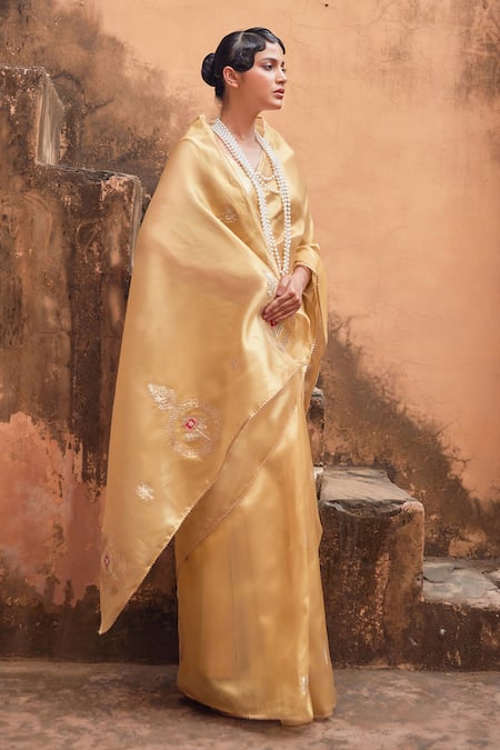 Geroo Jaipur Gold Tissue Gota Patti, Embroidery Round Neck Saree Set at Aza Fashions Geroo Jaipur_Gold Tissue Gota Patti, Embroidery Round Neck Saree Set _at_Aza_Fashions