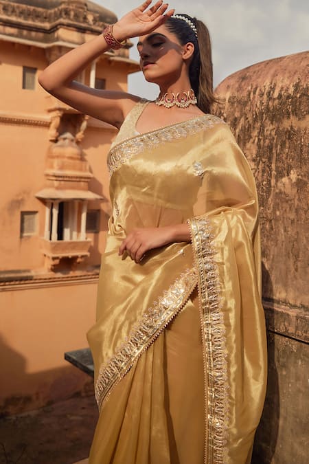 Buy Geroo Jaipur Gold Tissue, Brocade Gota Patti, Pearls Round Neck Saree Set Online at Aza Fashions Buy_Geroo Jaipur_Gold Tissue, Brocade Gota Patti, Pearls Round Neck Saree Set _Online_at_Aza_Fashions