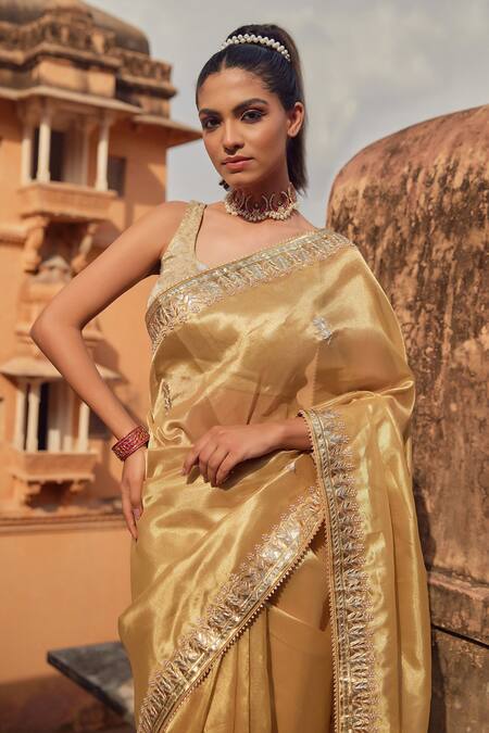Shop Geroo Jaipur Gold Tissue, Brocade Gota Patti, Pearls Round Neck Saree Set Online at Aza Fashions Shop_Geroo Jaipur_Gold Tissue, Brocade Gota Patti, Pearls Round Neck Saree Set _Online_at_Aza_Fashions