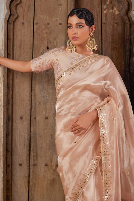 Geroo Jaipur Rose Gold Tissue, Brocade Gota Patti, Pearls Round Neck Saree Set Online at Aza Fashions Geroo Jaipur_Rose Gold Tissue, Brocade Gota Patti, Pearls Round Neck Saree Set _Online_at_Aza_Fashions