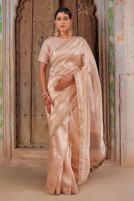 Geroo Jaipur Rose Gold Tissue Saree Set 