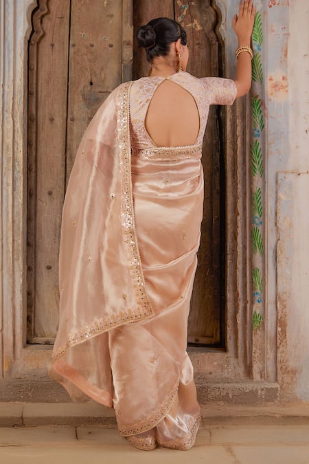 Geroo Jaipur Rose Gold Tissue Saree Set