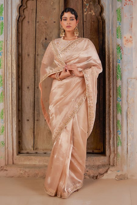 Buy Geroo Jaipur Rose Gold Tissue, Brocade Gota Patti, Pearls Round Neck Saree Set Online at Aza Fashions Buy_Geroo Jaipur_Rose Gold Tissue, Brocade Gota Patti, Pearls Round Neck Saree Set _Online_at_Aza_Fashions