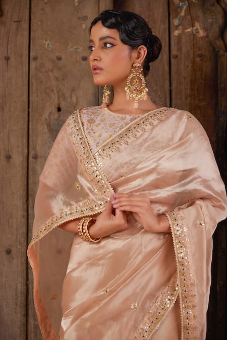 Shop Geroo Jaipur Rose Gold Tissue, Brocade Gota Patti, Pearls Round Neck Saree Set Online at Aza Fashions Shop_Geroo Jaipur_Rose Gold Tissue, Brocade Gota Patti, Pearls Round Neck Saree Set _Online_at_Aza_Fashions