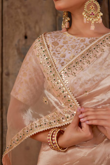 Geroo Jaipur Rose Gold Tissue, Brocade Gota Patti, Pearls Round Neck Saree Set at Aza Fashions Geroo Jaipur_Rose Gold Tissue, Brocade Gota Patti, Pearls Round Neck Saree Set _at_Aza_Fashions