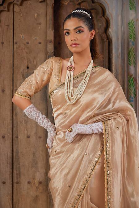 Geroo Jaipur_Gold Tissue, Brocade Embroidery, Beads, Gota Patti Round Neck Saree Set _Online_at_Aza_Fashions