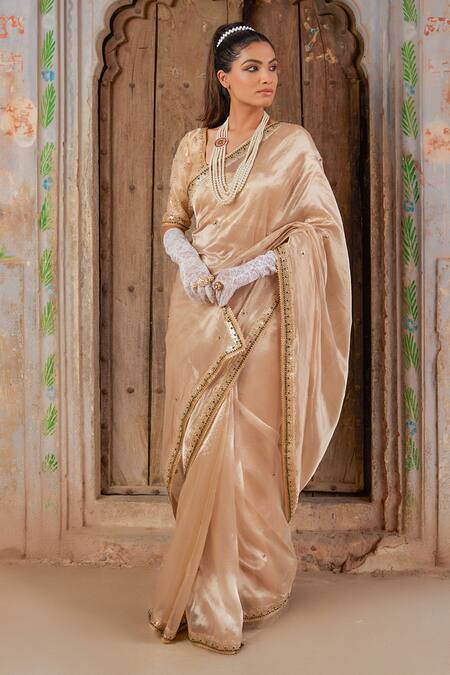 Shop_Geroo Jaipur_Gold Tissue, Brocade Embroidery, Beads, Gota Patti Round Neck Saree Set _Online_at_Aza_Fashions