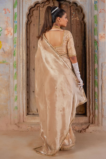 Shop_Geroo Jaipur_Gold Tissue, Brocade Embroidery, Beads, Gota Patti Round Neck Saree Set _at_Aza_Fashions