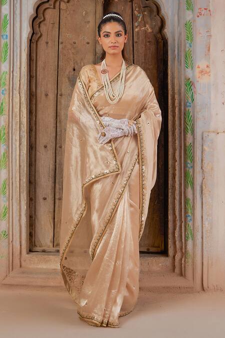 Geroo Jaipur_Gold Tissue, Brocade Embroidery, Beads, Gota Patti Round Neck Saree Set _at_Aza_Fashions