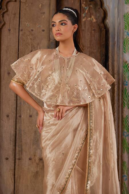 Buy Geroo Jaipur Gold Tissue Gota Patti, Embroidery High Neck Embellished Saree Set Online at Aza Fashions Buy_Geroo Jaipur_Gold Tissue Gota Patti, Embroidery High Neck Embellished Saree Set _Online_at_Aza_Fashions