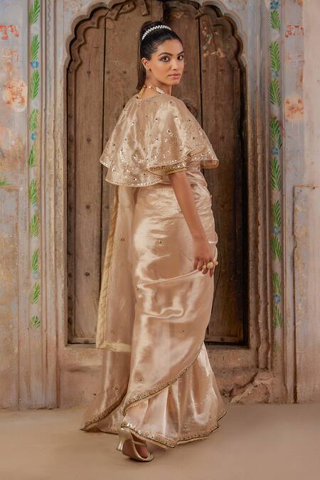 Shop Geroo Jaipur Gold Tissue Gota Patti, Embroidery High Neck Embellished Saree Set Online at Aza Fashions Shop_Geroo Jaipur_Gold Tissue Gota Patti, Embroidery High Neck Embellished Saree Set _Online_at_Aza_Fashions