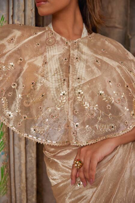 Geroo Jaipur Gold Tissue Gota Patti, Embroidery High Neck Embellished Saree Set at Aza Fashions Geroo Jaipur_Gold Tissue Gota Patti, Embroidery High Neck Embellished Saree Set _at_Aza_Fashions