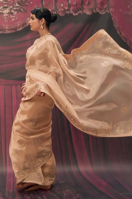 Geroo Jaipur Beige Tissue Gota Patti, Sequins Round Neck Gold Embellished Saree Set Online at Aza Fashions Geroo Jaipur_Beige Tissue Gota Patti, Sequins Round Neck Gold Embellished Saree Set _Online_at_Aza_Fashions