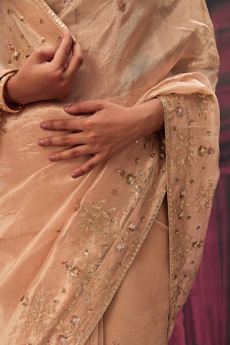 Geroo Jaipur Beige Tissue Gota Patti, Sequins Round Neck Gold Embellished Saree Set at Aza Fashions Geroo Jaipur_Beige Tissue Gota Patti, Sequins Round Neck Gold Embellished Saree Set _at_Aza_Fashions