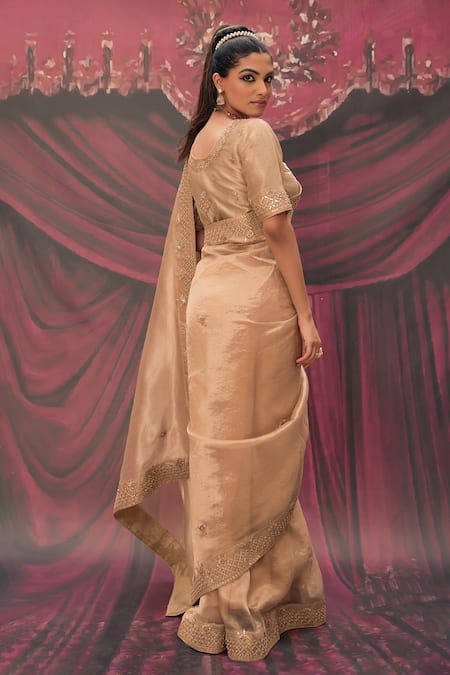 Shop Geroo Jaipur Gold Tissue Gota Patti V-neck Saree Set at Aza Fashions Shop_Geroo Jaipur_Gold Tissue Gota Patti V-neck Saree Set _at_Aza_Fashions