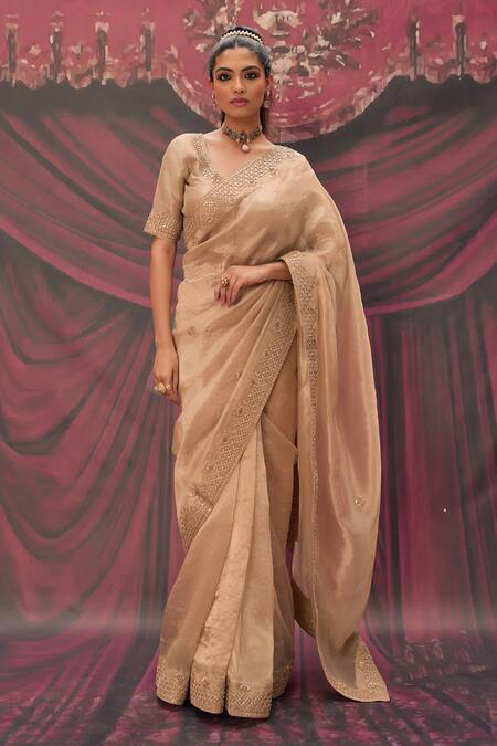 Geroo Jaipur Gold Tissue Gota Patti V-neck Saree Set at Aza Fashions Geroo Jaipur_Gold Tissue Gota Patti V-neck Saree Set _at_Aza_Fashions