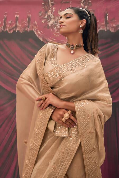 Buy Geroo Jaipur Gold Tissue Gota Patti V-neck Saree Set Buy_Geroo Jaipur_Gold Tissue Gota Patti V-neck Saree Set