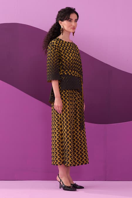 Buy_Pleats By Aruni_Yellow Crepe Round Neck Designer Pant Set _Online_at_Aza_Fashions