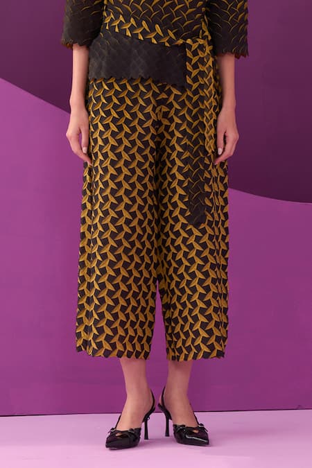 Shop_Pleats By Aruni_Yellow Crepe Round Neck Designer Pant Set _Online_at_Aza_Fashions