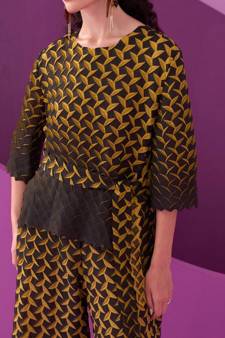 Pleats By Aruni_Yellow Crepe Round Neck Designer Pant Set _at_Aza_Fashions