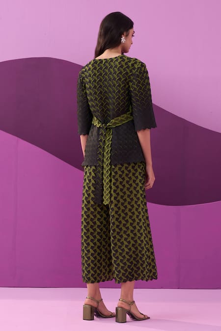 Shop Pleats By Aruni Green Crepe Round Neck Designer Pant Set at Aza Fashions Shop_Pleats By Aruni_Green Crepe Round Neck Designer Pant Set _at_Aza_Fashions