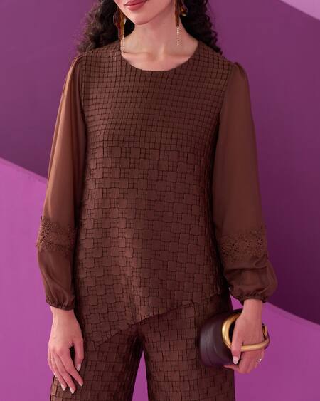 Buy_Pleats By Aruni_Brown Crepe, Satin Lace Round Neck Dark Alexa Coordinated Set_Online_at_Aza_Fashions