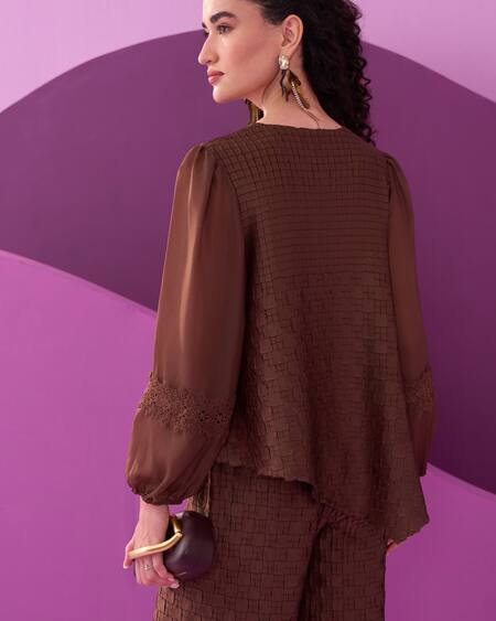 Shop_Pleats By Aruni_Brown Crepe, Satin Lace Round Neck Dark Alexa Coordinated Set_Online_at_Aza_Fashions