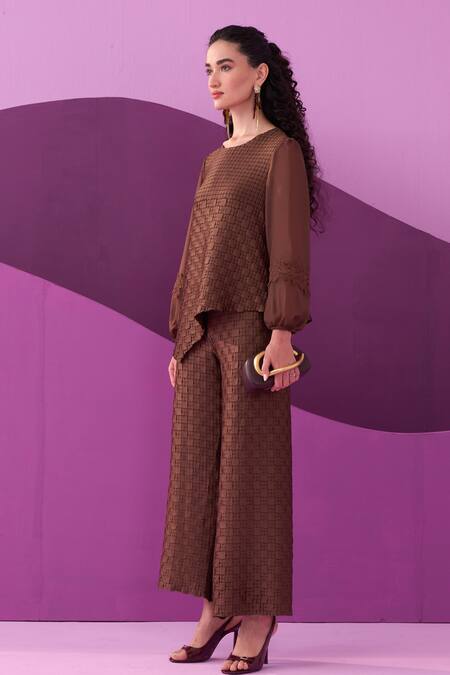 Pleats By Aruni_Brown Crepe, Satin Lace Round Neck Dark Alexa Coordinated Set_at_Aza_Fashions