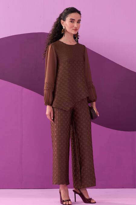 Buy_Pleats By Aruni_Brown Crepe, Satin Lace Round Neck Dark Alexa Coordinated Set