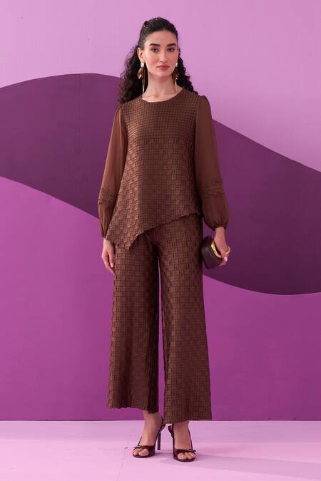 Shop_Pleats By Aruni_Brown Crepe, Satin Lace Round Neck Dark Alexa Coordinated Set