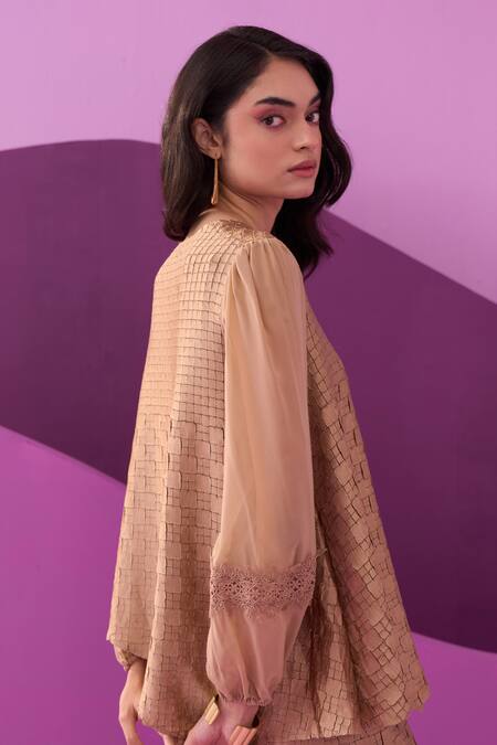 Pleats By Aruni Beige Crepe, Satin Lace Round Neck Alexa Pant Set Online at Aza Fashions Pleats By Aruni_Beige Crepe, Satin Lace Round Neck Alexa Pant Set_Online_at_Aza_Fashions