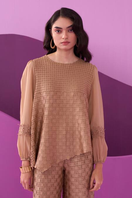 Buy Pleats By Aruni Beige Crepe, Satin Lace Round Neck Alexa Pant Set Online at Aza Fashions Buy_Pleats By Aruni_Beige Crepe, Satin Lace Round Neck Alexa Pant Set_Online_at_Aza_Fashions