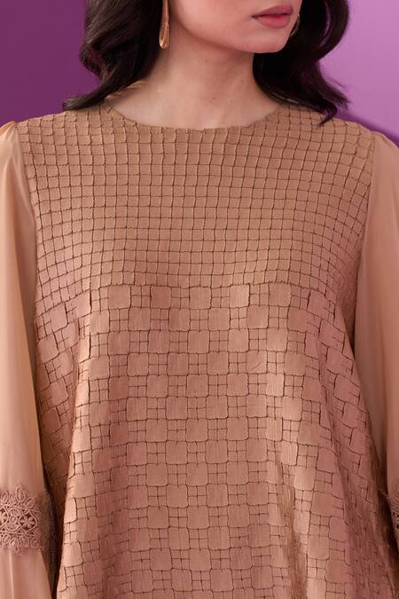 Shop Pleats By Aruni Beige Crepe, Satin Lace Round Neck Alexa Pant Set Online at Aza Fashions Shop_Pleats By Aruni_Beige Crepe, Satin Lace Round Neck Alexa Pant Set_Online_at_Aza_Fashions