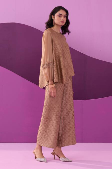 Pleats By Aruni Beige Crepe, Satin Lace Round Neck Alexa Pant Set at Aza Fashions Pleats By Aruni_Beige Crepe, Satin Lace Round Neck Alexa Pant Set_at_Aza_Fashions