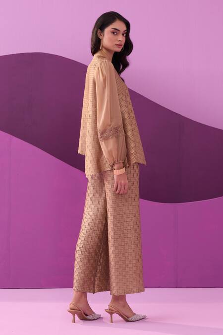 Buy Pleats By Aruni Beige Crepe, Satin Lace Round Neck Alexa Pant Set Buy_Pleats By Aruni_Beige Crepe, Satin Lace Round Neck Alexa Pant Set