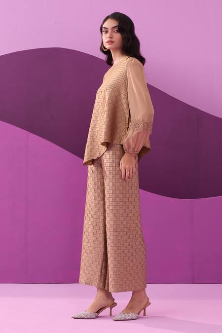 Shop Pleats By Aruni Beige Crepe, Satin Lace Round Neck Alexa Pant Set Shop_Pleats By Aruni_Beige Crepe, Satin Lace Round Neck Alexa Pant Set