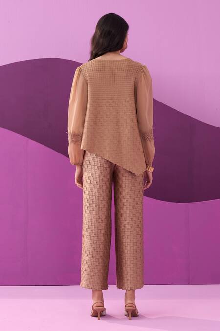 Shop Pleats By Aruni Beige Crepe, Satin Lace Round Neck Alexa Pant Set at Aza Fashions Shop_Pleats By Aruni_Beige Crepe, Satin Lace Round Neck Alexa Pant Set_at_Aza_Fashions