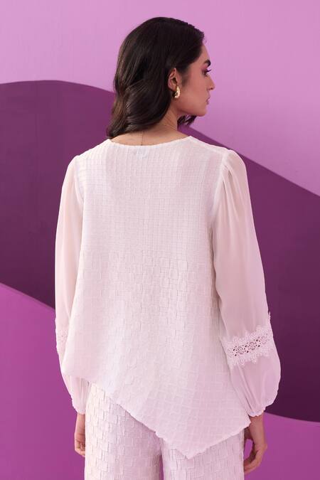 Pleats By Aruni_White Lace Round Neck Crepe Satin Pant Set_Online_at_Aza_Fashions