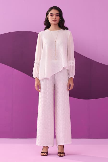 Pleats by Aruni White Crepe Satin Pant Set 