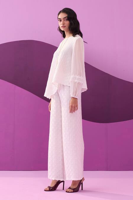 Buy_Pleats By Aruni_White Lace Round Neck Crepe Satin Pant Set_Online_at_Aza_Fashions