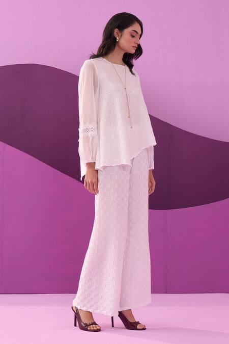 Shop_Pleats By Aruni_White Lace Round Neck Crepe Satin Pant Set_Online_at_Aza_Fashions
