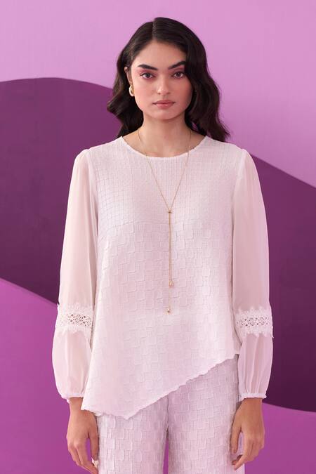 Pleats By Aruni_White Lace Round Neck Crepe Satin Pant Set_at_Aza_Fashions