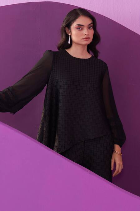 Pleats By Aruni Black Round Neck Crepe Satin Alexa Coord Set Online at Aza Fashions Pleats By Aruni_Black Round Neck Crepe Satin Alexa Coord Set_Online_at_Aza_Fashions