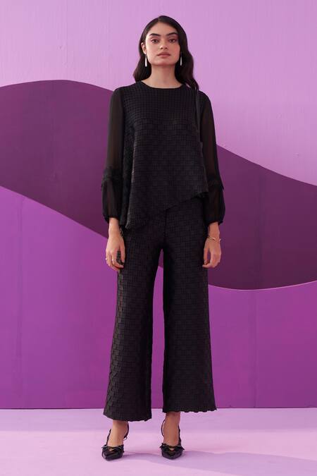 Buy Pleats By Aruni Black Round Neck Crepe Satin Alexa Coord Set Online at Aza Fashions Buy_Pleats By Aruni_Black Round Neck Crepe Satin Alexa Coord Set_Online_at_Aza_Fashions