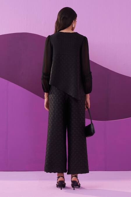 Shop Pleats By Aruni Black Round Neck Crepe Satin Alexa Coord Set at Aza Fashions Shop_Pleats By Aruni_Black Round Neck Crepe Satin Alexa Coord Set_at_Aza_Fashions