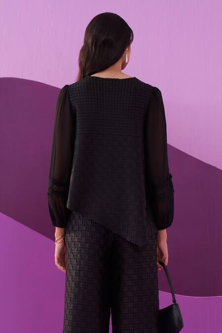 Shop Pleats By Aruni Black Round Neck Crepe Satin Alexa Coord Set Online at Aza Fashions Shop_Pleats By Aruni_Black Round Neck Crepe Satin Alexa Coord Set_Online_at_Aza_Fashions