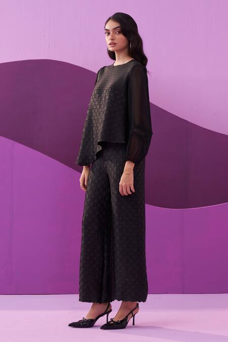 Pleats By Aruni Black Round Neck Crepe Satin Alexa Coord Set at Aza Fashions Pleats By Aruni_Black Round Neck Crepe Satin Alexa Coord Set_at_Aza_Fashions